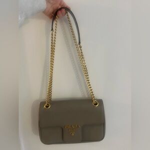 Prada Taupe Saffiano Leather Shoulder Bag with Gold Chain